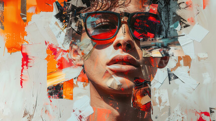 Poster - Abstract collage of young man with modern art techniques and trendy paper compositions, creating striking portrait with vibrant colors and textures