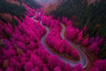 Poster - Aerial view showcases a winding road nestled amidst stunning autumn forests, filled with bright red and orange leaves against deep green evergreens