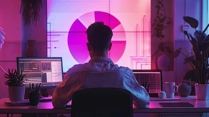 Poster - Creative professional analyzing data on multiple monitors in a modern workspace