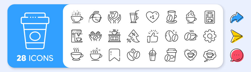 Aufkleber - Coffee line icons. Interest rate, AI generate, Inflation icons. Beans, hot cocktail and coffee maker machine. Espresso cup, cappuccino with whipped cream line icons. Vector