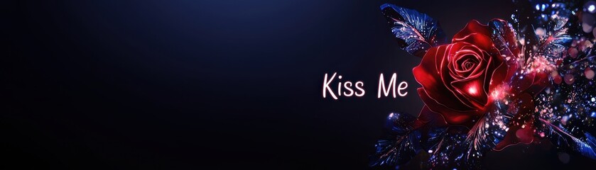 Poster - Glowing Red Rose Composition with Kiss Me Text on Dark Background for Romantic Themes and Designs