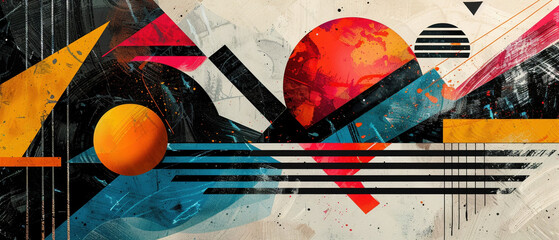 Poster - Dynamic retro paper collage composition featuring modern art elements, vibrant colors, and abstract shapes, creating striking wallpaper illustration
