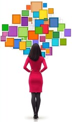 Woman in red dress views floating colorful squares, idea generation concept