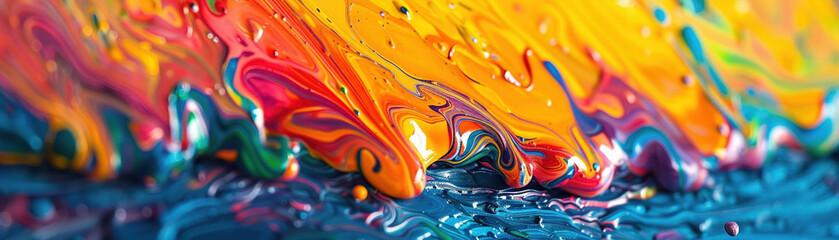 Poster - spontaneity of artistic creation is illustrated through vibrant paint splash, forming abstract masterpiece of fluid dynamics. colors blend beautifully, evoking sense of joy and creativity