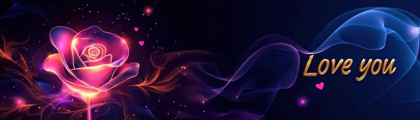Poster - Glowing Rose Surrounded by Smoke Patterns with Love Theme in Enchanting Colors
