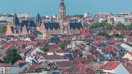 aerial view of schaerbeek town hall day to night timelapse in brussels, belgium.