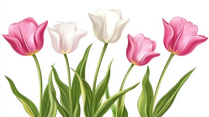 Aufkleber - Radiant pink and white tulips stand tall with lush green stems, celebrating spring's arrival with their colorful display