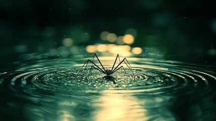 Water Strider Gliding on Moonlit Pond Surface with Rippling Reflections