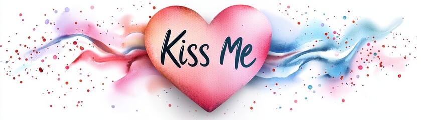 Poster - Colorful Playful Heart Design with Watercolor Texture and Text Saying Kiss Me for Romantic Occasions