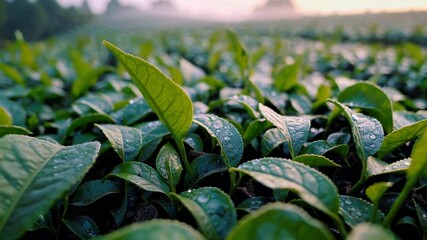 Poster - Expansive fields of green tea plants in early morning light