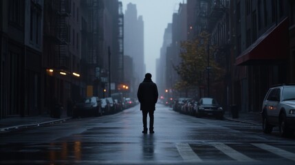 Wall Mural - man standing alone on rainy city street at dawn; urban loneliness