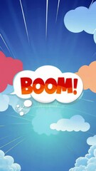 Poster - A blue background with a red word that says BOOM. The word is in a different color than the background