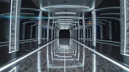 Poster - Exploring a modern hallway with illuminated walls and reflective floor design