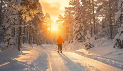 Poster - A skier glides down a snow covered trail in a tranquil forest as a stunning sunset casts a golden glow over the winter landscape. Pine trees line the path.