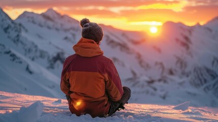 Poster - A person dressed in warm winter gear sits on snow, gazing at a vibrant sunset behind rugged mountain peaks, capturing the tranquility of the moment in a cold environment.