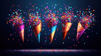 Colorful confetti exploding from cones, celebration, dark background, party