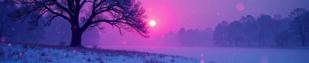 winter tree aglow with dark purple mist frosty morning, wintery, halloween
