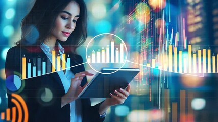 Poster - Businesswoman Analyzing Data: A focused businesswoman uses a tablet to review data visualizations, graphs, and charts.  The vibrant background suggests a dynamic and fast-paced business environment.