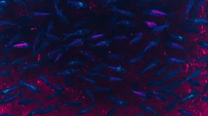 Wall Mural - vibrant blue fish school in pink underwater scene
