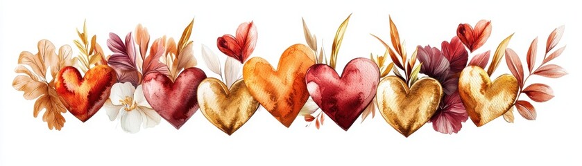 Poster - Vibrant Collection of Watercolor Hearts in Warm Tones Surrounded by Floral Accents for Creative Projects