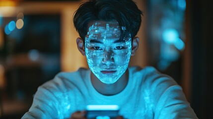 Poster - Young man's face scanned by digital data on phone.