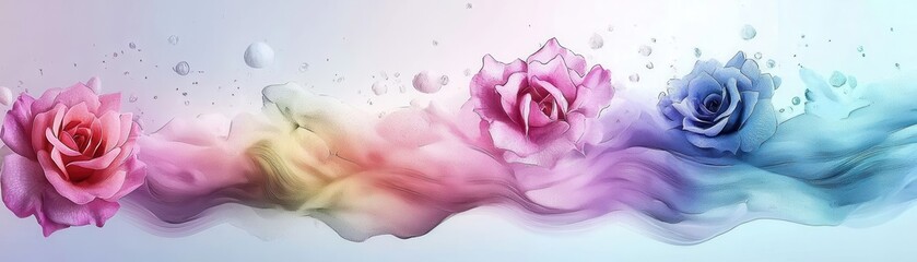 Poster - Whimsical Watercolor Scene of Soft Roses with Gentle Swirls and Delicate Bubbles in Pastel Hues