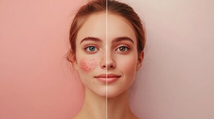 Fototapete - Split face comparison highlights skin challenges and smoothness for beauty discussion. Generative AI