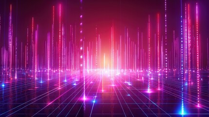 Poster - Vibrant futuristic cityscape with neon vertical lights reflecting on a grid-like floor, creating a dynamic digital landscape. Represents innovation, digital connectivity, and urban design.