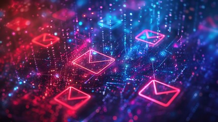 Poster - Futuristic neon email icons glowing against a digital matrix background, representing advanced communication tools, innovative marketing strategies, and dynamic digital interactions.