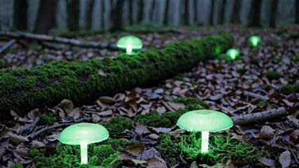 Poster - Glowing mushrooms illuminate a serene forest path during twilight hours in an enchanting natural setting