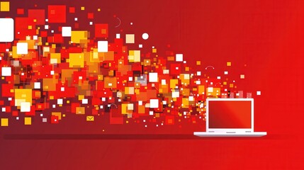 Poster - Minimalist digital featuring a glowing laptop with vibrant red and orange pixelated visuals, symbolizing interactive advertising concepts and smart marketing interfaces in a modern design.