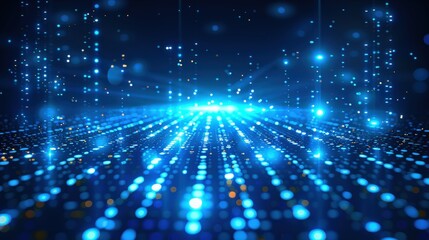 Poster - Futuristic digital interface featuring glowing blue lights and dots on a dark background highlighting advanced online advertising techniques and minimalist innovation in visual design.