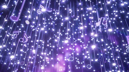 Wall Mural - purple glowing music notes falling in a magical cosmic rain. surreal atmosphere enhanced by shimmeri