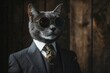 © julija - sophisticated feline in tailored charcoal suit, retro aviator sunglasses, silk tie, aristocratic pose, studio lighting, fashion photography style