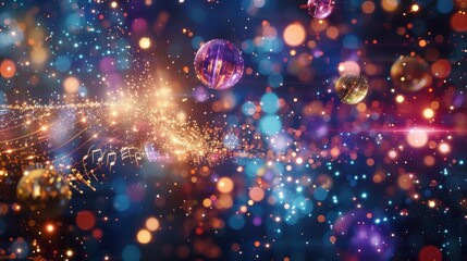 Poster - musical notes glowing in a surreal background with colorful bokeh, sparkling light trails, and float