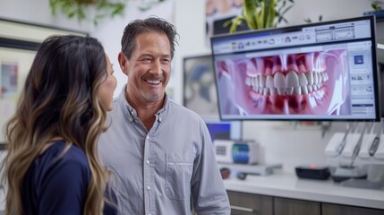 Fototapete - Patient smiles at dentist in a contemporary dental clinic while viewing teeth x ray displayed on a large screen, highlighting their dental health discussion.