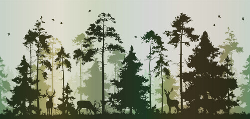 seamless horizontal vector background. forest with deer in green tones. deer are drawn separately - 