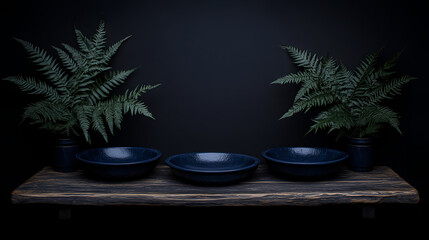 Poster - Artistic display of blue ceramics and ferns on rustic table studio environment still life photography