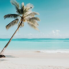 Aufkleber - Tropical beach with coconut palm tree and clear turquoise water under a sunny sky. Generative AI