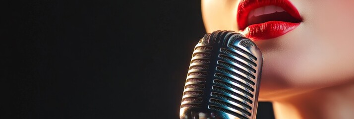 Poster - Close up of red lips passionately singing into a vintage microphone, capturing the essence of artistry and music in a vibrant performance filled with emotion and creativity