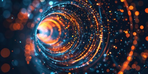 Wall Mural - abstract tunnel futuristic dark background with neon blue and orange glow technology network sparkli