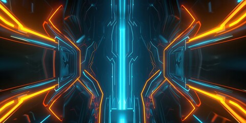 Wall Mural - abstract futuristic dark background with neon blue and orange glow technology network sparkling spee