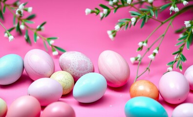 Easter background eggs on pink backdrop greeting card decorationpastel colors easter border border easter spring decoration background card frame holiday