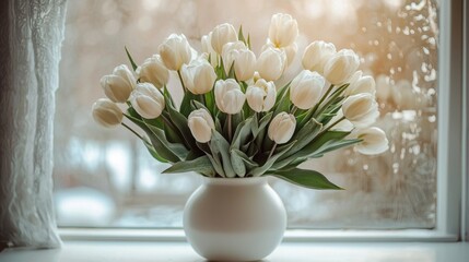 Poster - A stunning arrangement of white tulips rests in a sleek white vase on a minimalist table, illuminated by soft light filtering through a blurred window, creating a tranquil atmosphere