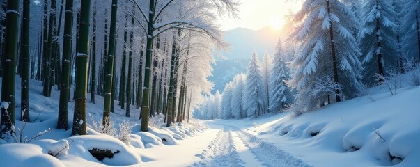 Wall Mural - snowy forest with riziere de montagne in yunnan, bamboo, yunnan, snow