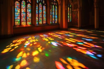 Stained glass church interior, sunlight, colorful floor patterns, religious architecture, spiritual