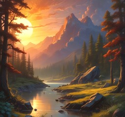 Wall Mural - Illustration of fantasy scenic landscape.