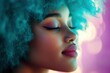 © julija - young woman with vibrant turquoise afro hairstyle against lavender backdrop, soft studio lighting creating gentle shadows on glowing skin
