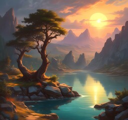 Wall Mural - Illustration of fantasy scenic landscape.