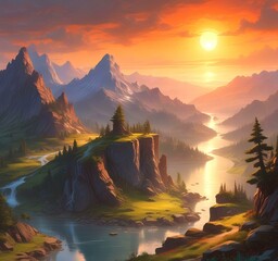 Wall Mural - Illustration of fantasy scenic landscape.